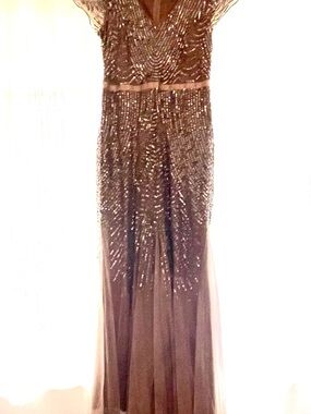 Adrianna Papell Beaded Taupe Maxi Gown